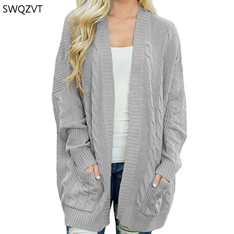 SWQZVT Plus Size Sweater Women 2020 Autumn Winter Pocket Twist Knitted Long Cardigan Casual Loose Clothes outwear |