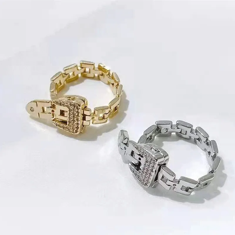 Crystal Bling Zircon Belt Buckle Rings Metal Adjustable Chain Ring Luxury Statement Finger for Women Fashion Jewelry Gifts | Украшения и