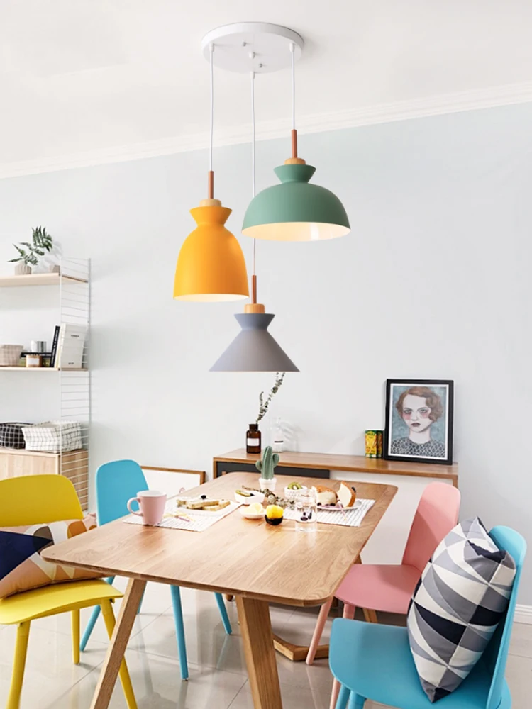 Lámpara colgante moderna de 3 cabezales para restaurante, luces de color macarrón E27, rectas y redondas, para cafetería, sala de estar, Europa