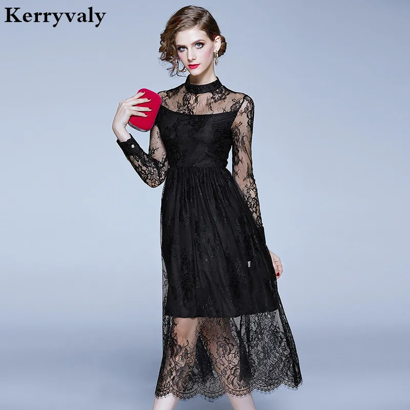 Новая соединенная черное кружевное платье миди вечерние весеннее Vestidos Mujer Verano 2021
