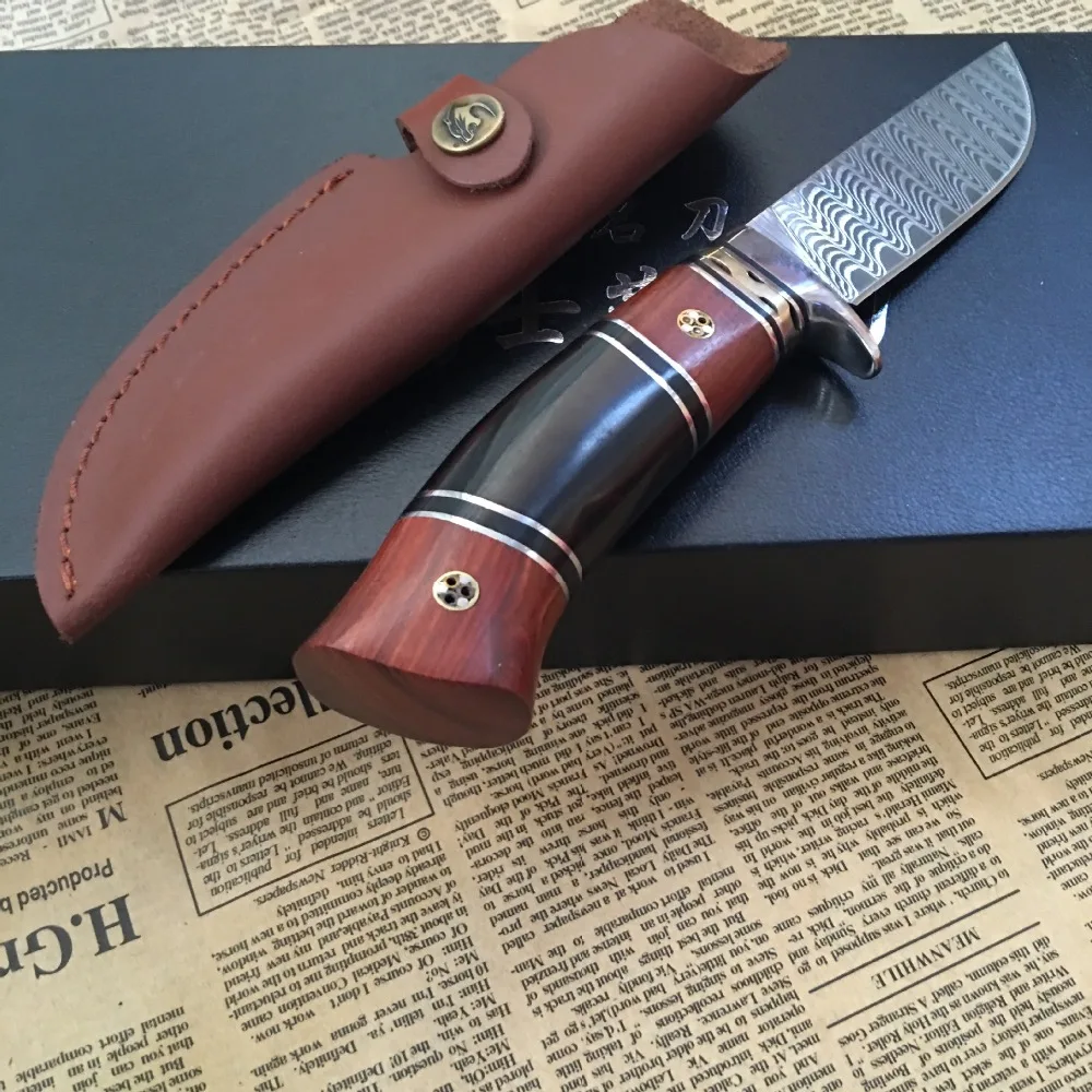

Fixed blade Hunting knife 100% Handmade Genuine Damascus Steel survival knife ebony handle first layer packing Outdoor Tools