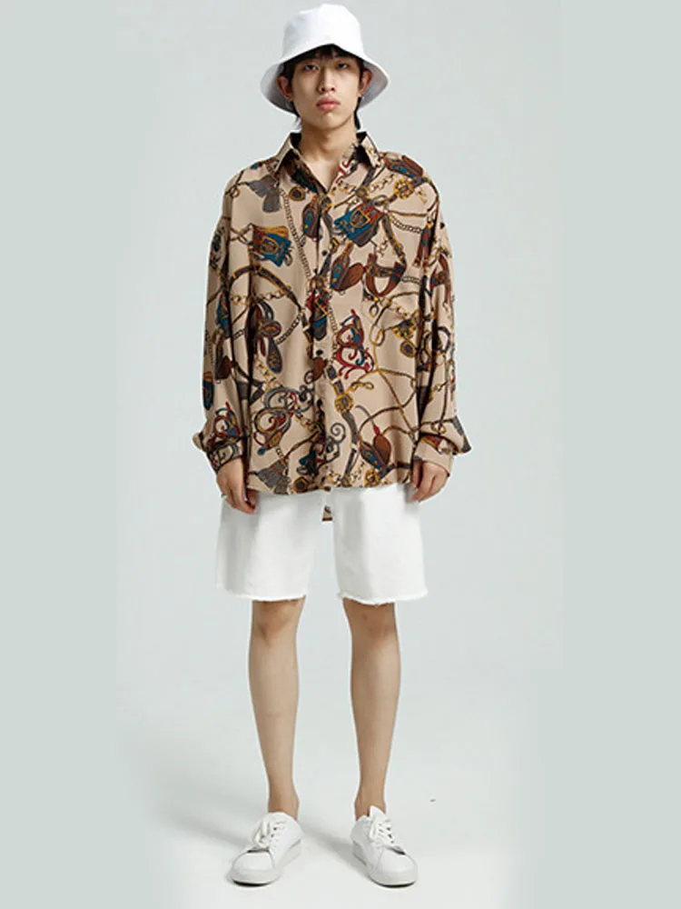 

Men Vintage Pattern Print Long Sleeve Loose Casual Shirts Korean Style Streetwear Hip Hop Fashion Shirt for Male