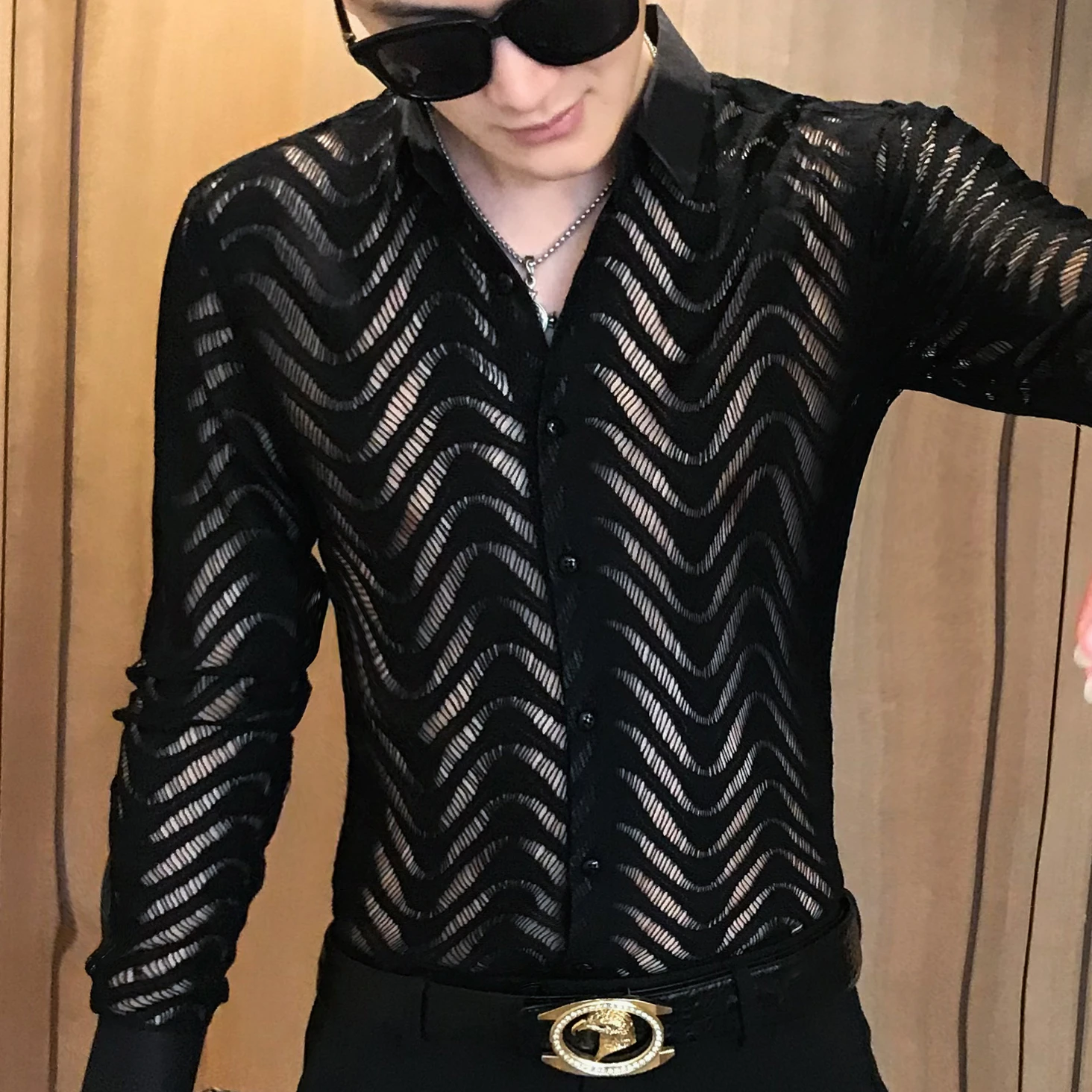 Transparent Shirt Summer Short Sleeve Shirt Camisa Hombre Stitching Stripe Shirt See Through Shirt Men Chemise Homme Marque Luxe