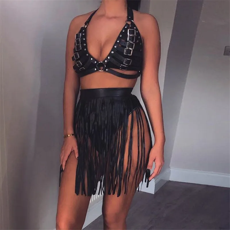 

Women Punk Two Piece Skirt Sets PU Faux Leather Harness Bra Top Tassel Mini Skirt Night Clubwear Perfomance Matching Outfits