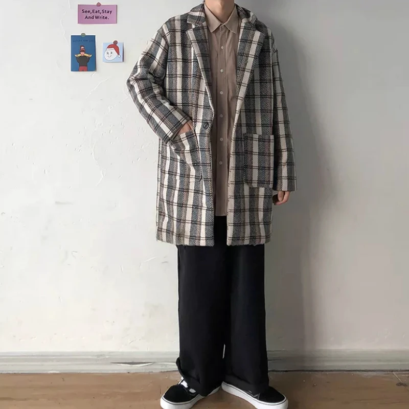 

Men Blends Plaid Turn-down Collar Pockets Long Overcoats Male Winter Thicker Warm Mens Jackets Wool Retro Ulzzang Vintage Trendy