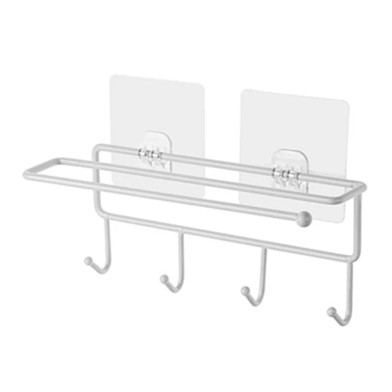White 4-hook Rack Кухонный Органайзер прочная настенная железная стойка для хранения рулон бумажный держатель для вывешивания на шкаф полка полотенца для ванной вешалки - Цвет: White 4-hook Rack