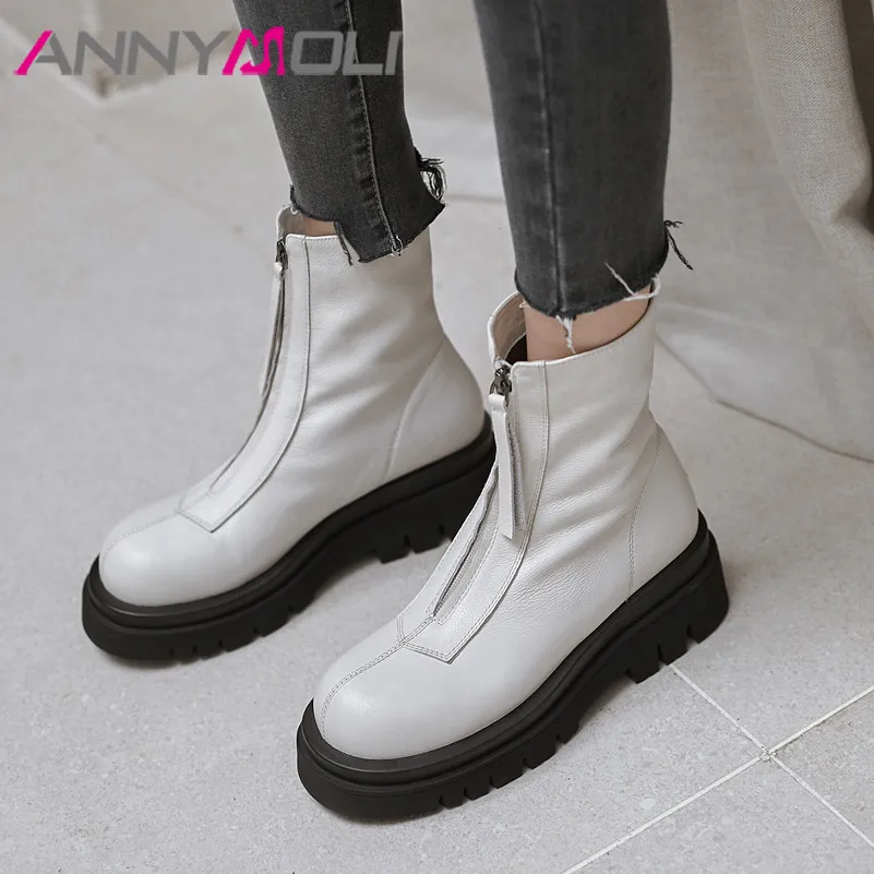 

ANNYMOLI Genuine Leather Platform High Heel Ankle Boots Short Boots Women Shoes Zip Block Heels Female Boots Autumn Winter White