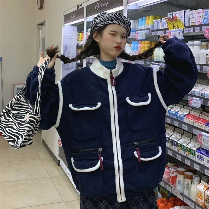 

Thickened Long-Sleeved Casual Coat for Women Autumn and Winter All-Matching Korean Style BF Zipper Baseball Uniform Sweater