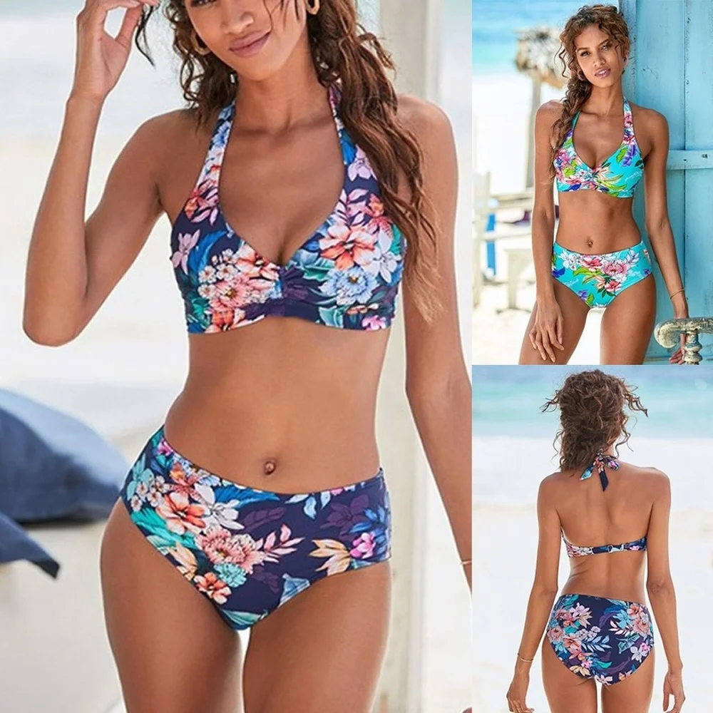 

2021 Women Push Up Splice Vintage Print Two Pieces Bikini Swimwear Swimsuit Beach Set Women Maillot De Bain Femme Lingerie Sexy