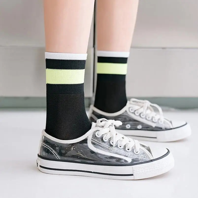 5 Pairs Girls Cotton Striped Ankle Socks Students Summer Breathable Sport Crew Sock Neon Colors Women White Mesh Ankle Socks