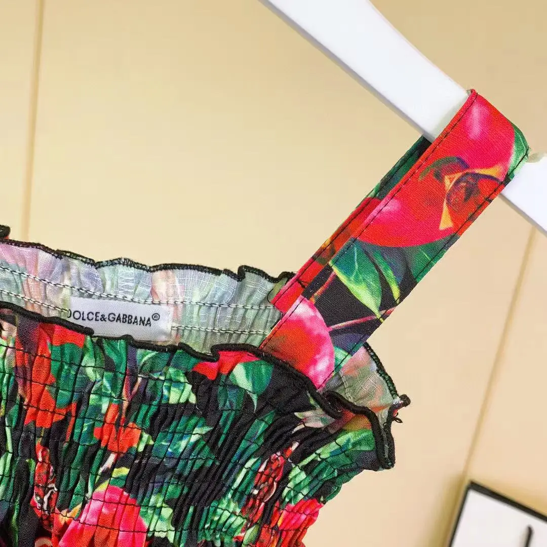 

2021New Summer Big Red Fruit Printed Girls Dress Beach Floral Sleeveless Dress Baby Kids Clothes Children Outwear