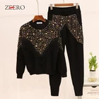 Женский спортивный костюм из 2 предметов, Свободный вязаный свитер с бахромой и бусинами и брюки-карандаш, осенне-зимний комплект из 2 предметов