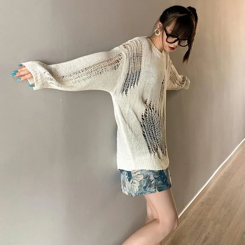 

Oversized Sexy Hole Sweaters Loose Casual O-neck Knitted Solid Korean Fashion Black Chic Daily Trendy Long Sleeve Pullovers Tops
