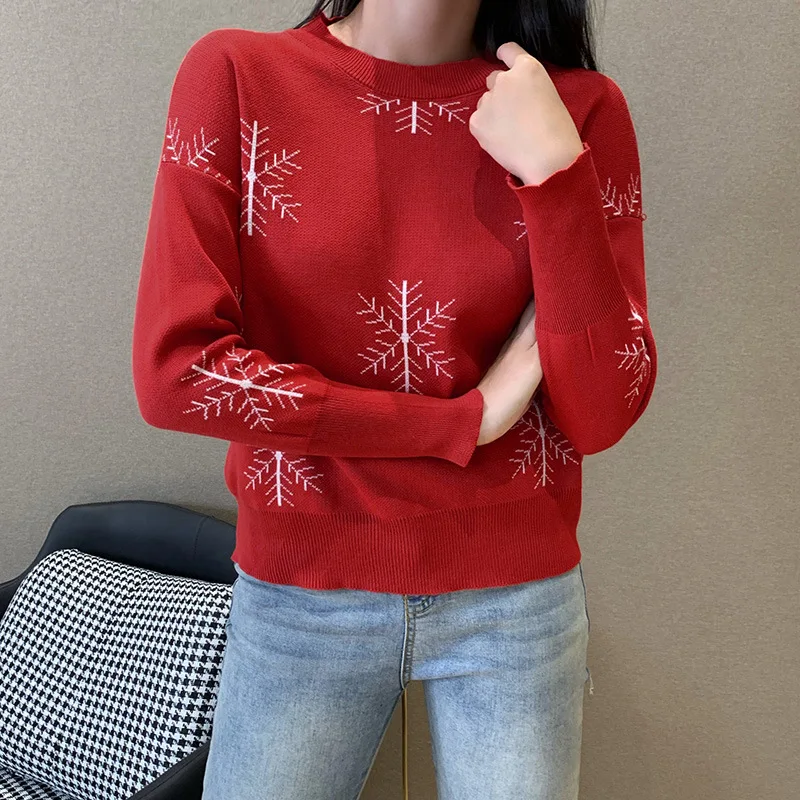 

Woman Sweaters Christmas Winter Clothes Women Snowflake Pattern Classic Round Neck Long Sleeve Festive Sweaters for Women
