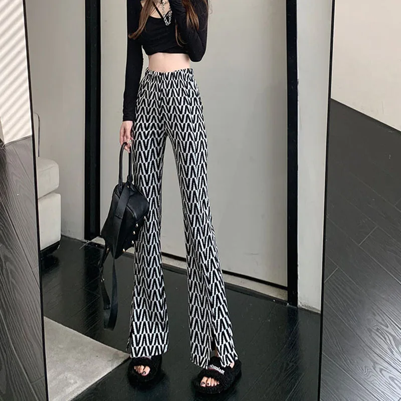 

2022 early spring new front slit casual pants elastic waist geometric pattern trousers wide leg pants women