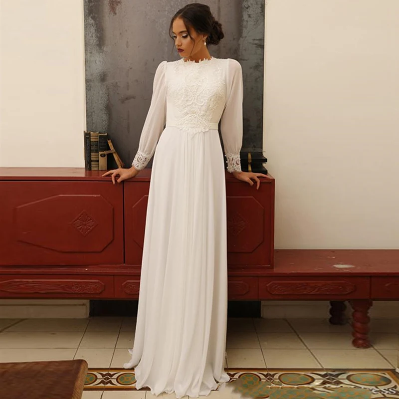 

Elegant Chiffon Wedding Dresses Boho Long Sleeves Floor Length Sheath Vintage Bridal Gowns vestido de noiva White Ivory Custom