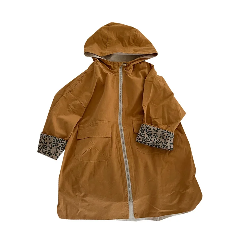 

Children's Wear 2021 Autumn Winter New Korean Boys Girls Floral Hooded Trench Kids Long Sleeve Coat