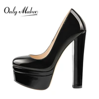 onlymaker womens round toe double platform slip on high heel pumps block chunky heels party shoes patent black large size