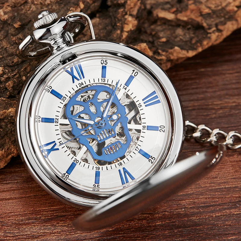 Smooth Sliver Case Skull Roman Numerals Dial Mechanical Pocket Watch Antique Fob Chain Collection Clock for Men Dropshipping
