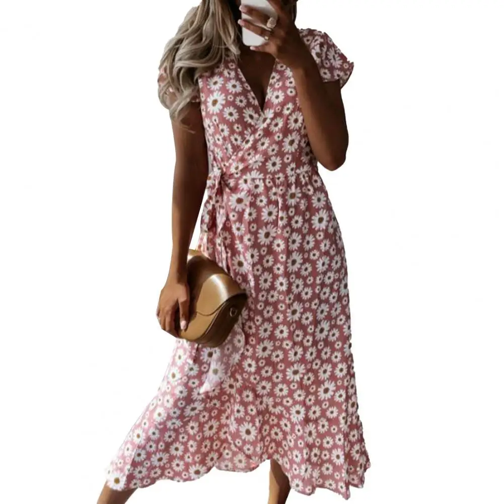 

Women Midi Dress Summer Casual V Neck Short Sleeve Wide Hem Female Sundress Vintage Floral Printing Lady Beach Dresses