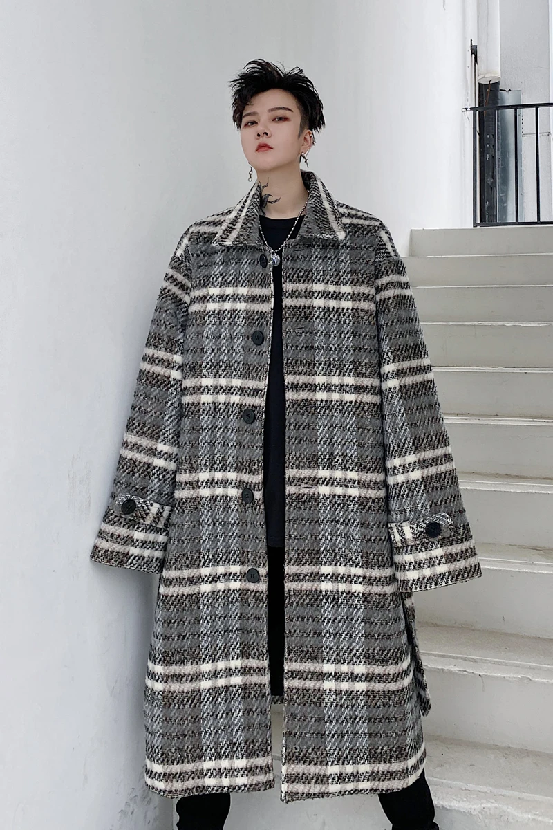 

Male Streetwear Vintage Woolen Coat Belt Windbreaker Jacket Outerwear Men Autumn Winter Loose Causal Wool Plaid Long Trenchcoat