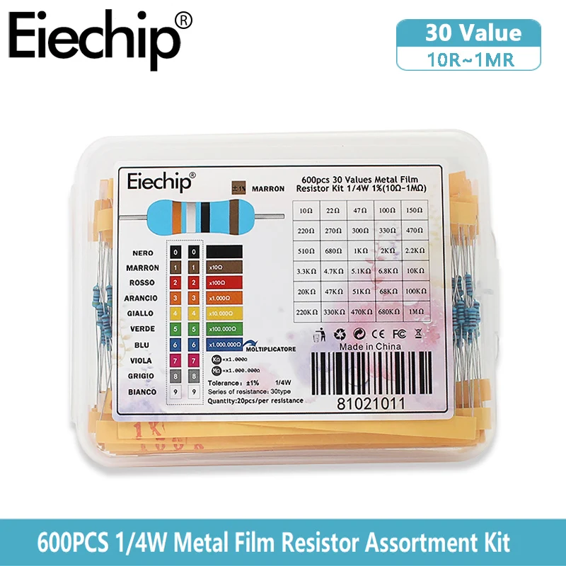 600pcs 1/4W Metal Film Resistor kit set 30 Values resistors pack 10R~1M Set of resistors electron Kit DIY Box 1K 10K 100K ohm