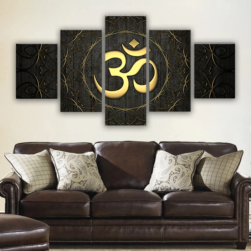 

Modern Canvas Wall Art HD Prints Poster 5 Piece Buddha OM Yoga Painting Golden Symbol Pictures Home Decor For Living Room