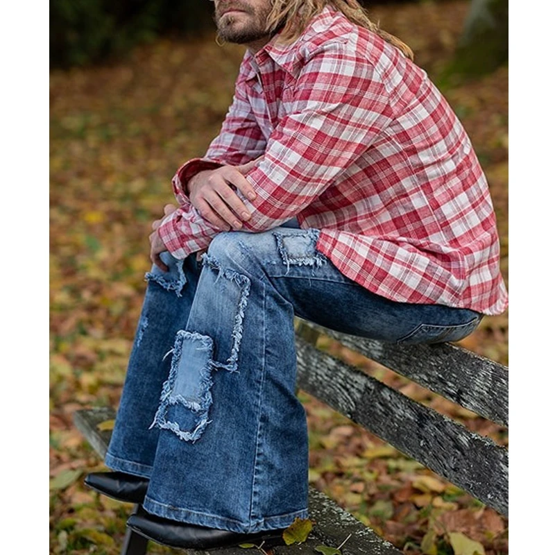 Джинсы мужские прямые рваные винтажные брюки с завышенной талией джинсовые