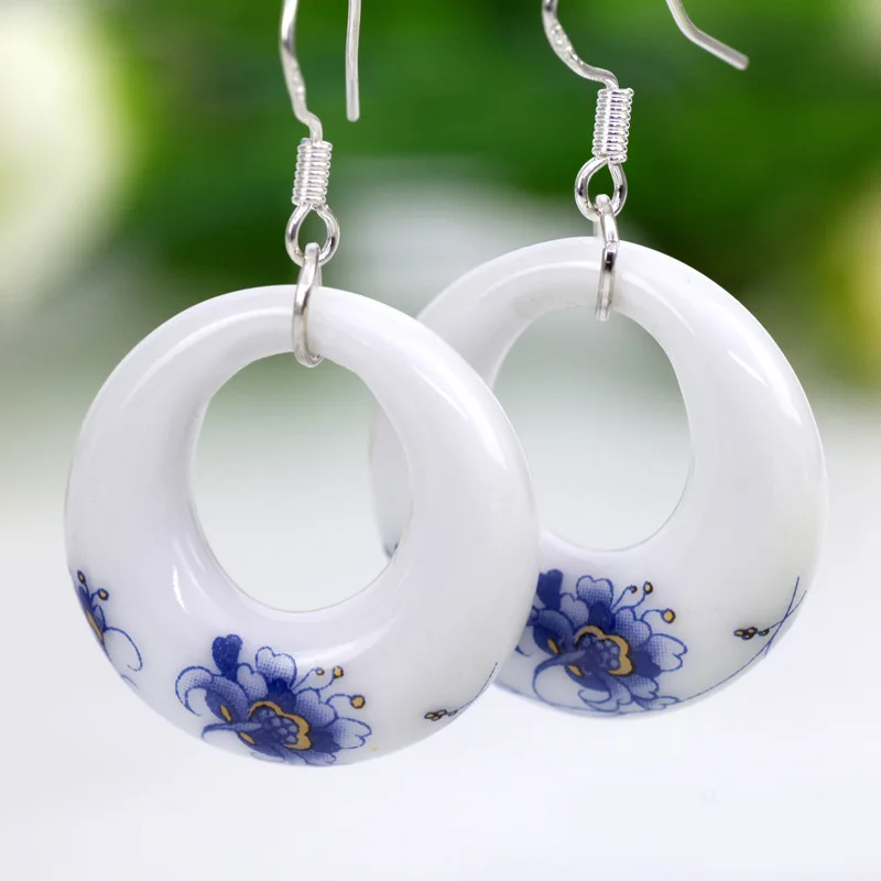 

Classic Chinese Ceramic Circle Blue and White Elegant Luxury Earrings