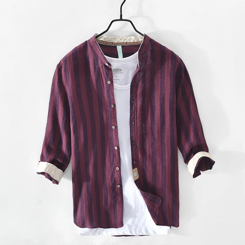 

Z806 Spring/Summer new men's casual linen striped shirt with a hairdo