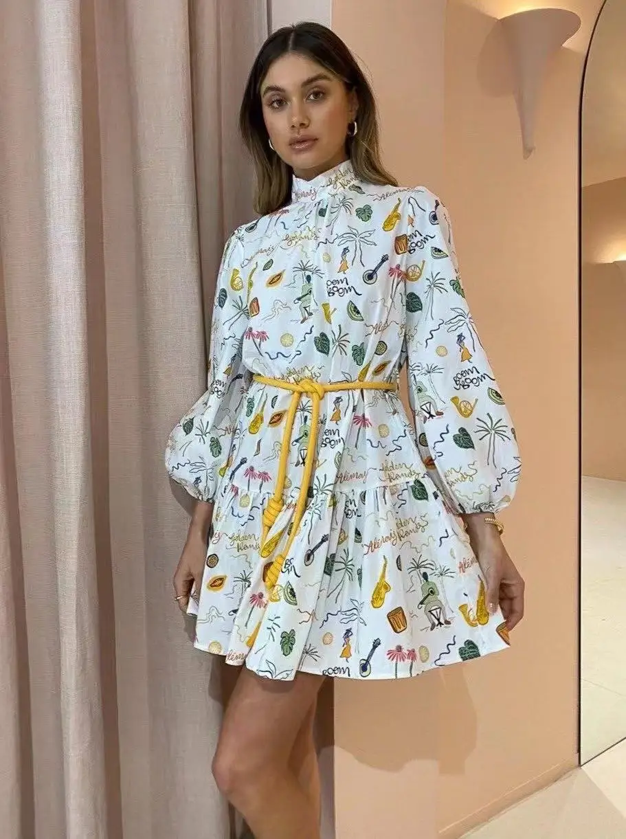 

100% Cotton Women Lantern Sleeve Cute Mini Dress Stand Collar Print Sweet Short Dress