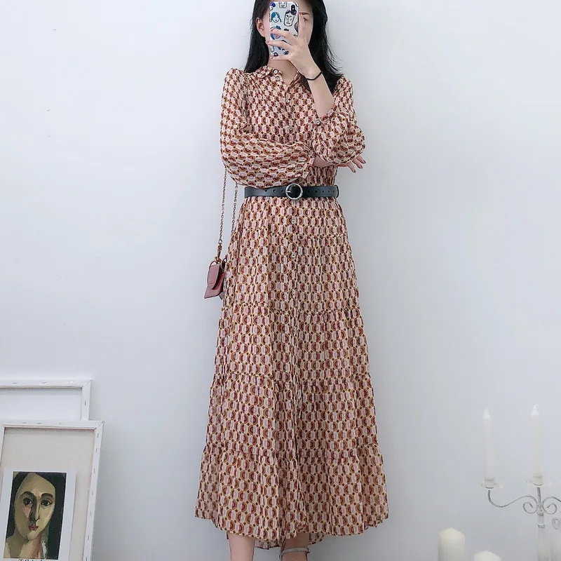 Прозрачное шифоновое платье осень 2019 новые модные геометрические принты узор