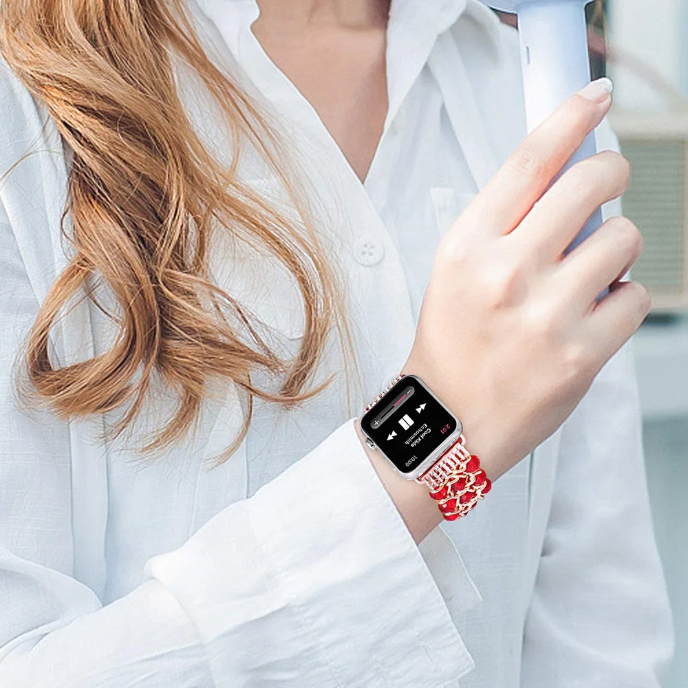 Ремешок металлический для Apple Watch Band 7 41 мм 45 эластичный браслет с кристаллами и