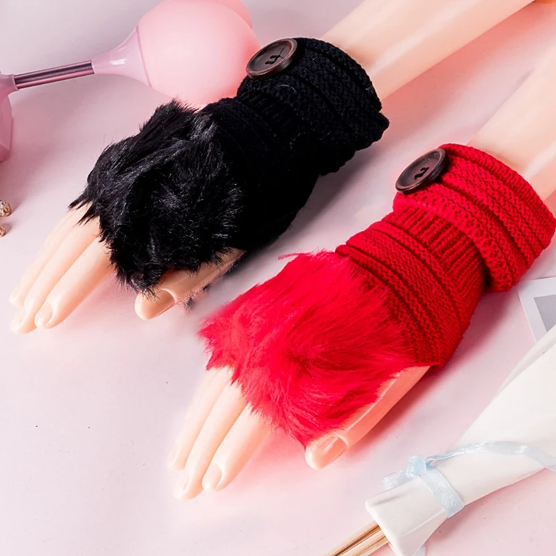 

Для женщин трикотажные теплые, без пальцев перчатки зимние тёплые вещи Вязание пуговица Варежка