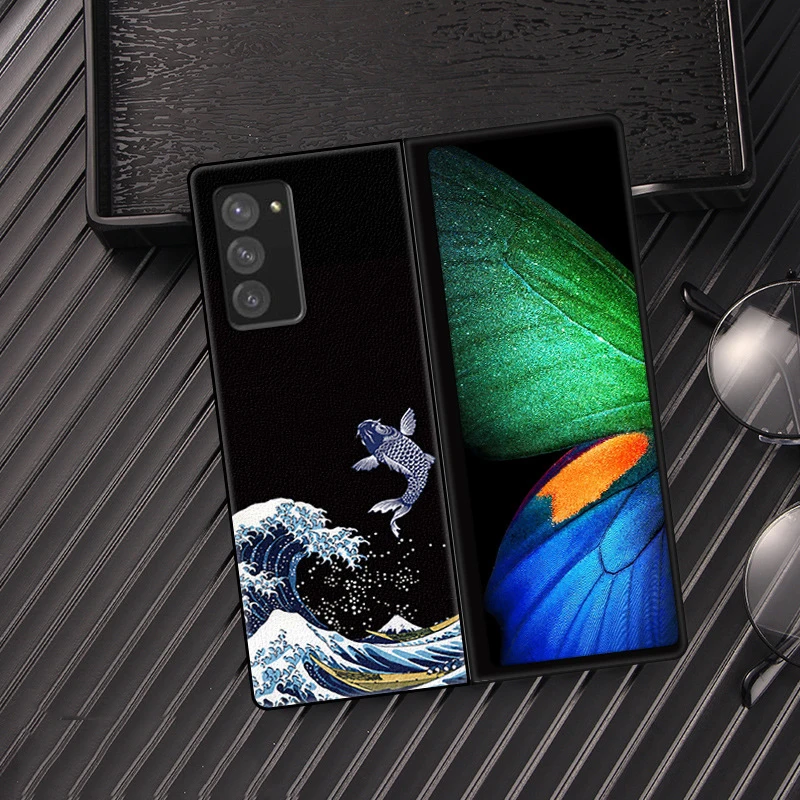 

Z Fold2 Funda Case for Samsung Galaxy Z Fold 2 Case Fold W20 5G Dragon Fish Crane Coque Matte PU Leather Phone Case Cover Capa