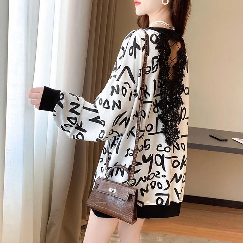 

2021 Spring Autumn Oversized Crewneck Sweatshirt Women Korean Style Blackless Lace Ins Long Sleeve Hoodies Female Polerone Woman