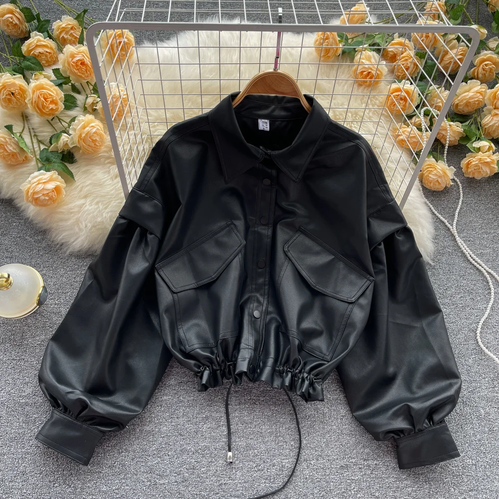 

Faux Leather Jacket Women Casual Spring Autumn Turn Down Collar Long Sleeve Single Breasted Drawstring Loose PU Outerwear Coat