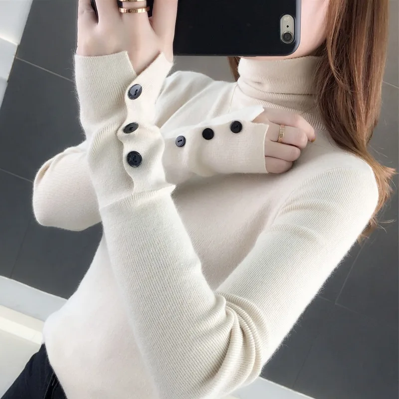 

slim fitting long sleeve pile neck knit bottoming shirt