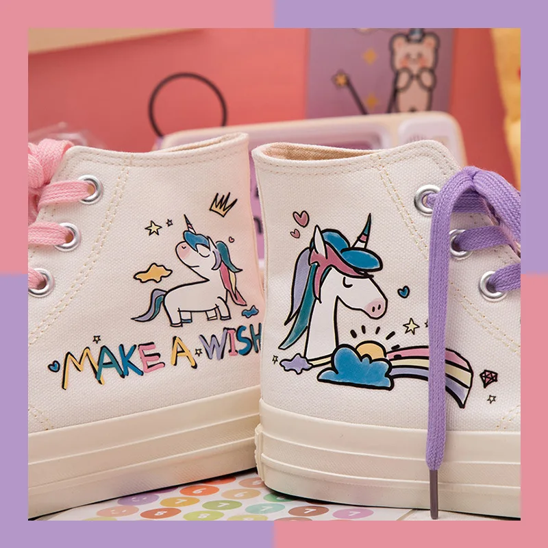 Женские холщовые туфли с принтом единорога Модные цветные ручной росписи для