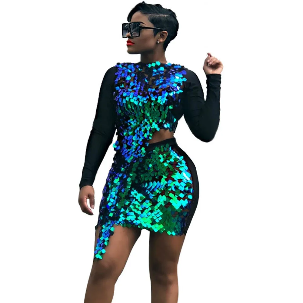 Сексуальный зеленый комплект с юбкой из двух частей блестками женские сетчатые