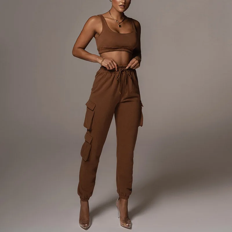 

Autumn And Winter Women's Sports Suits Crop Top Sportswear Joggers Vest Two-Piece Sets Leggings Pocket Trousers Female Outfit