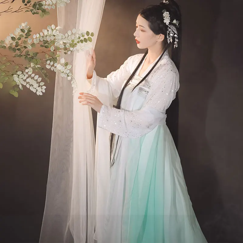 2020 Chinese Hanfu Outfits Fairy Dress White Coat Green Skirt Festival Folk Dance Costume Clothes For Women BI772 | Тематическая