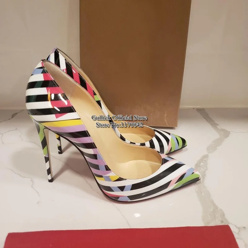 

Sexy Multicolor Striped Patent Leather Heel Pumps Pointed Toe 12CM 10CM 8CM Stiletto Heels Patchwork Wedding Shoes Drop Ship