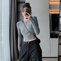 long sleeved t shirt early autumn new tshirt round neck thin shoulder pad is short inside and outside wear slim crop top women