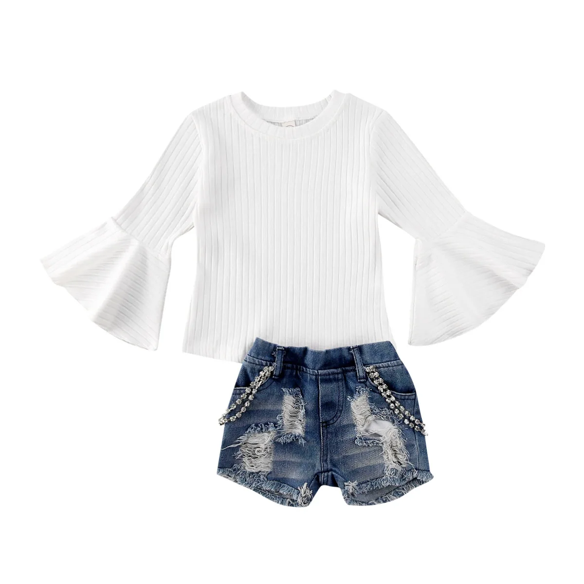 

Infant Baby Girl Kid Clothes Sets Flare Sleeve White Knit Tops + Jeans Pants Outfits Spring Clothes Set 2PCS