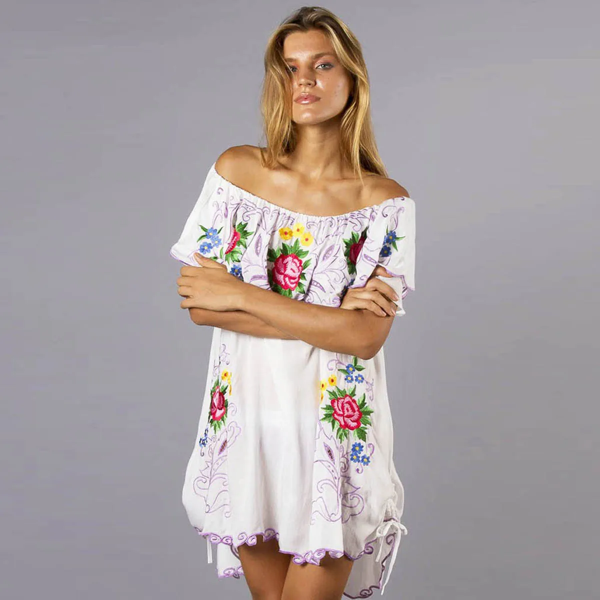 

Jastie Ruffle off-shoulder Mini Dress Floral Embroidery Dresses Boho Hippie Casual Short Dress Women Summer Dress Female Vestido