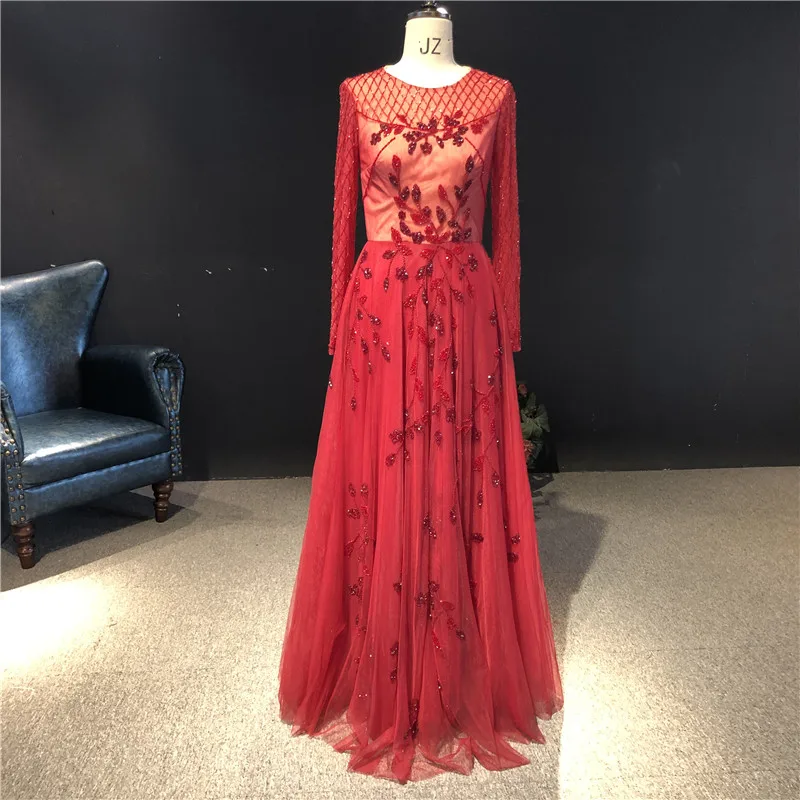 

High Quality Red Dress Custom Made O-Neck A-line Full Sleeves Heavy Beads Floor Length Prom Party Dance Bridal Evening Dresses