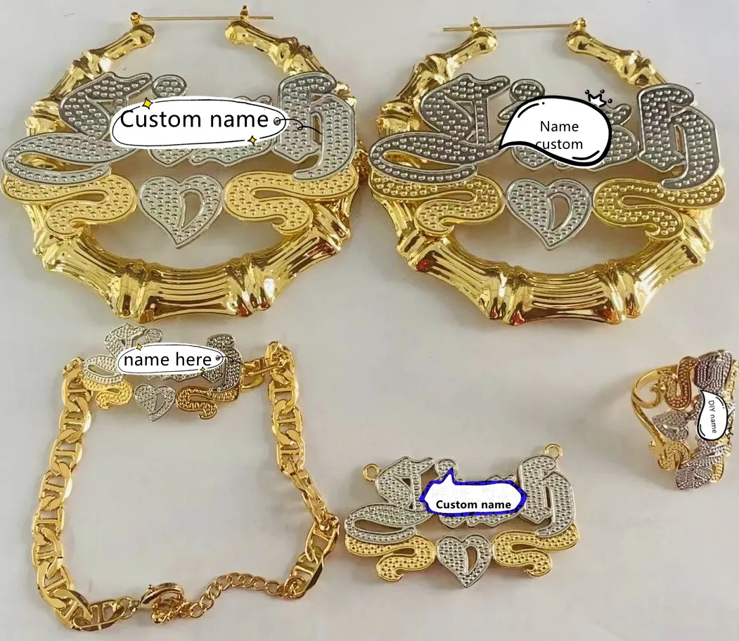 Personalized Bamboo Earrings Custom Sets Name Hoops Earrings Necklace Bracelet Hoop Chunky Bamboo Earring Custom Jewelry Set