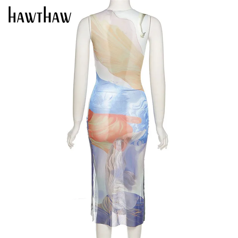 

Hawthaw Women Fashion Summer Sleeveless Mesh See Through Bodycon Printed Split Dress Sundress 2021 Female Clothing Streetwear