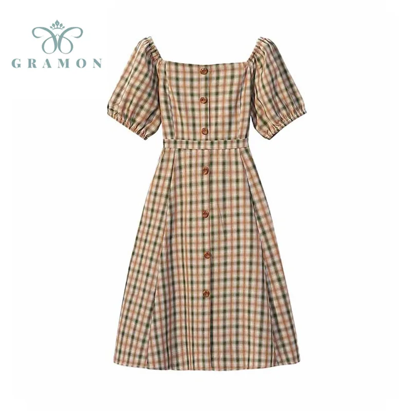 

Women Plaid Dresses 2021 Summer Plus Size Singles Breasted Puff Sleeve Slash Neck Elegant Print England Style Dress Female